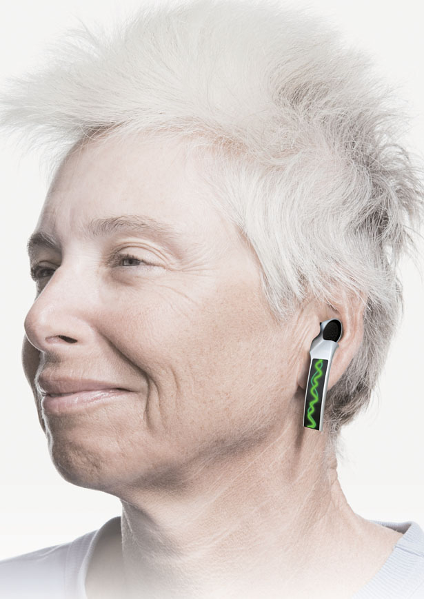 Стильный слуховой аппарат для женщин SoundsGood с визуализацией звуковых волн для говорящего.